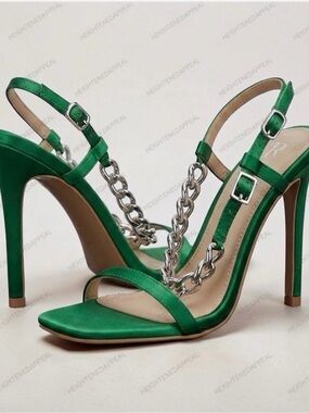 RAID Wide Fit Green Satin Chain Link Stiletto Sandals High Heels Women's Size 9